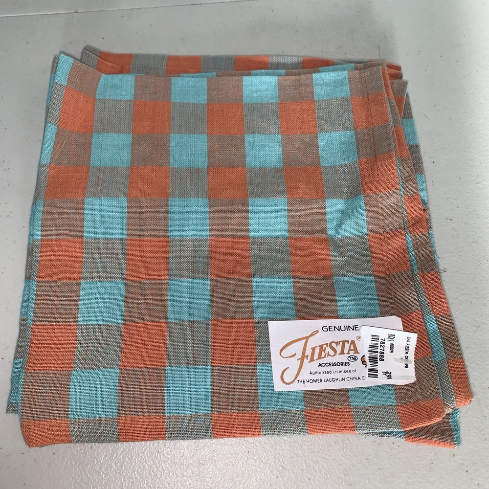 4 HOMER LAUGHLIN FIESTA Ware BISTRO CHECK PLAID NAPKINS NOS Turquoise Orange 17"